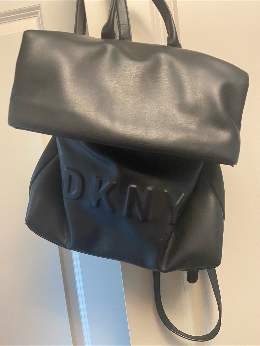 DKNY Black Embossed Faux Leather Roll-Top Backpack